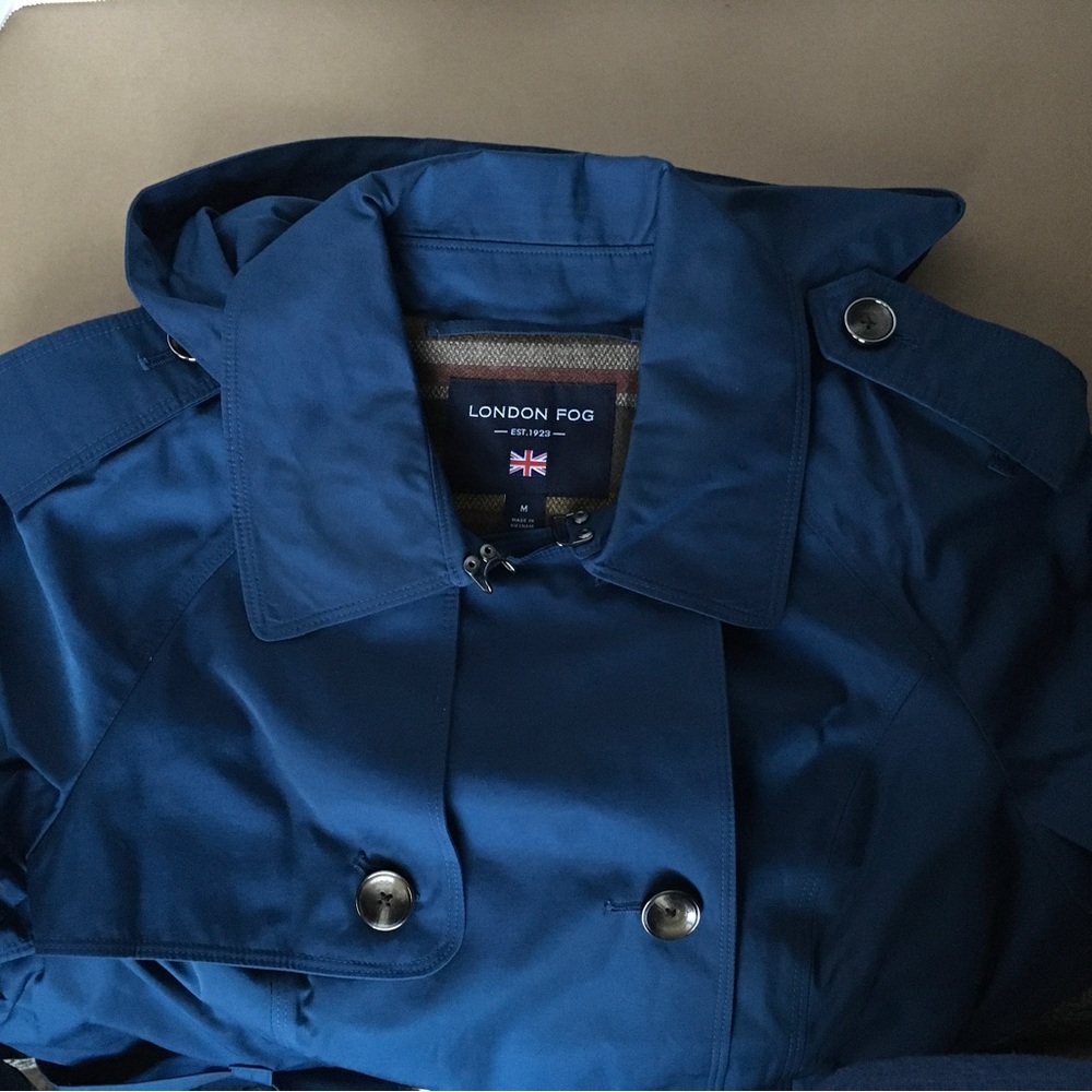 NWT Women’s London Fog Double-Breasted Hooded Trench Coat Size Medium Blue